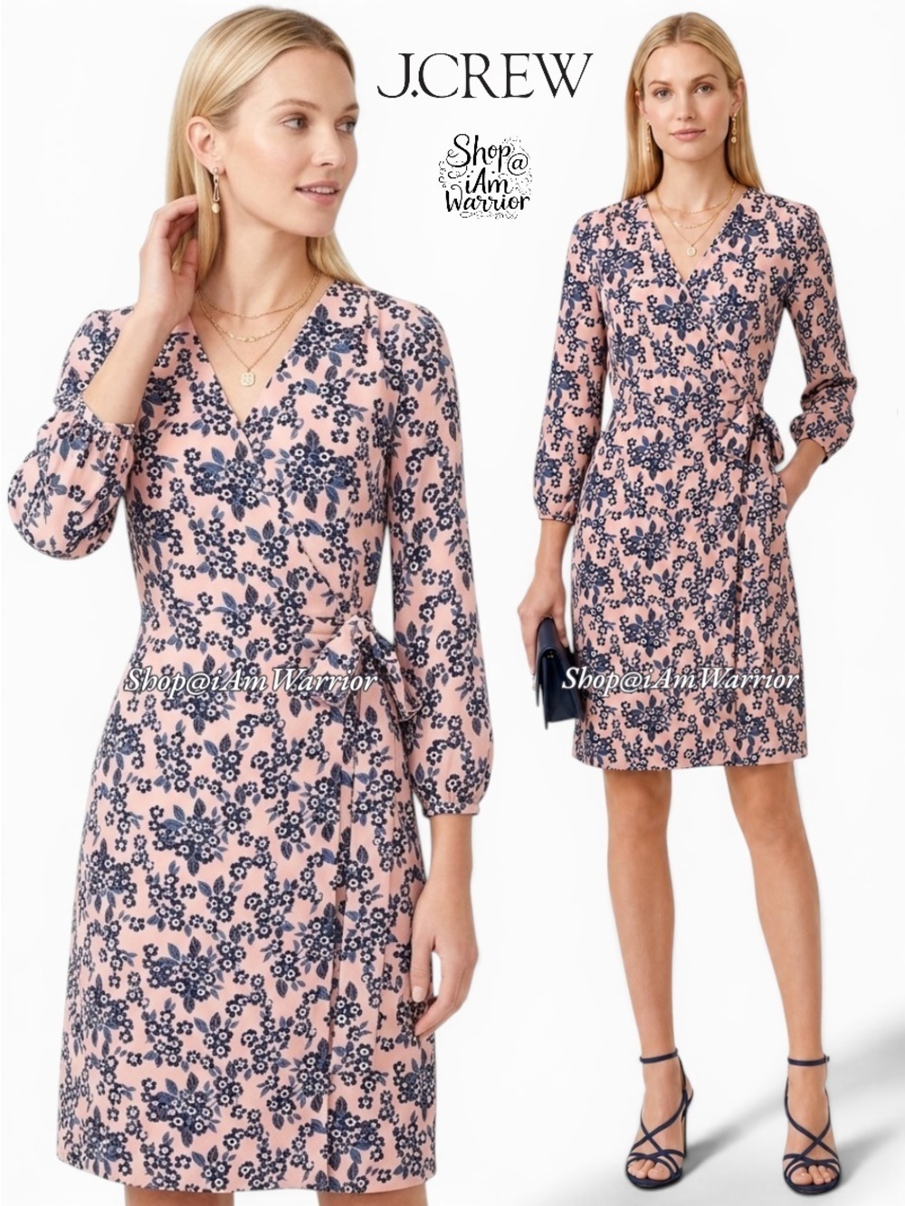 J.Crew blush crepe wrap dress in cornflower blue & navy print *shop@iamwarrior